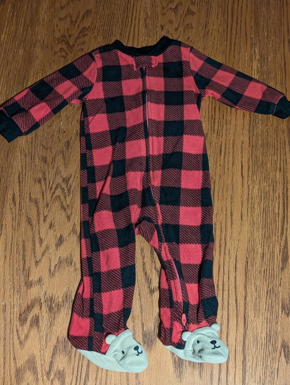 Carter’s Baby Boy Fleece Footie Pajamas 9M Red Black Buffalo Plaid Bear